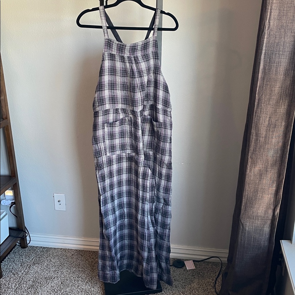 NATURAL LIFE Purple Black and Grey Plaid Gauze Jumpsuit Romper